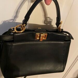 FENDI Peekaboo Mini, Black Genuine Leather Shoulder Bag with Gold Hardware